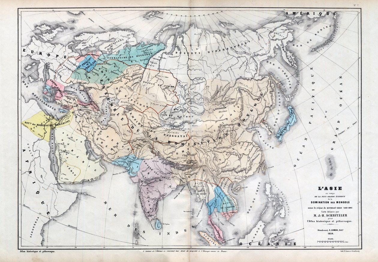 Azja w czasach największej dominacji mongolskiej pod rządami Qubilai (Kubilai Khan) (1260-1294) - Mapa przygotowana przez M J-H Schnitzlera, Atlas historyczno-malowniczy 1857 autorstwa Unknown artist