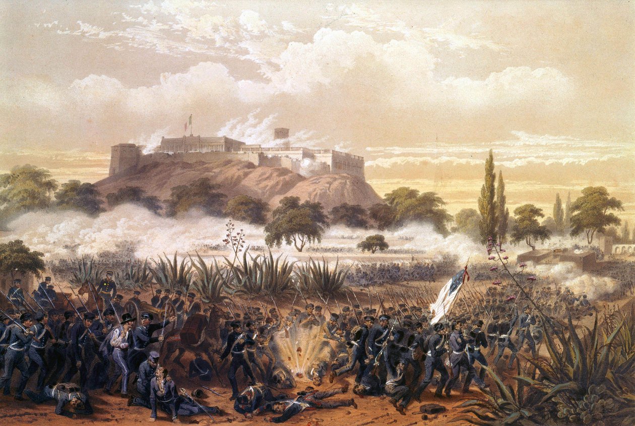 Napaść na Chapultepec we wrześniu 1847 r. podczas wojny między Stanami Zjednoczonymi a Meksykiem. Grawerowanie z 1850 roku. autorstwa Unknown artist