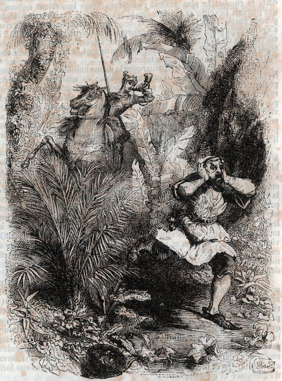 Astolphe zmusza Caligorant do ucieczki - 1851 grawerowanie z „” Furious Roland”” (Orlando furioso) (XVI wiek) przez Ludovico Ariosto, znanego jako Ariosto – wydanie przetłumaczone z włoskiego przez hrabiego Tressan i opublikowane przez Gustave