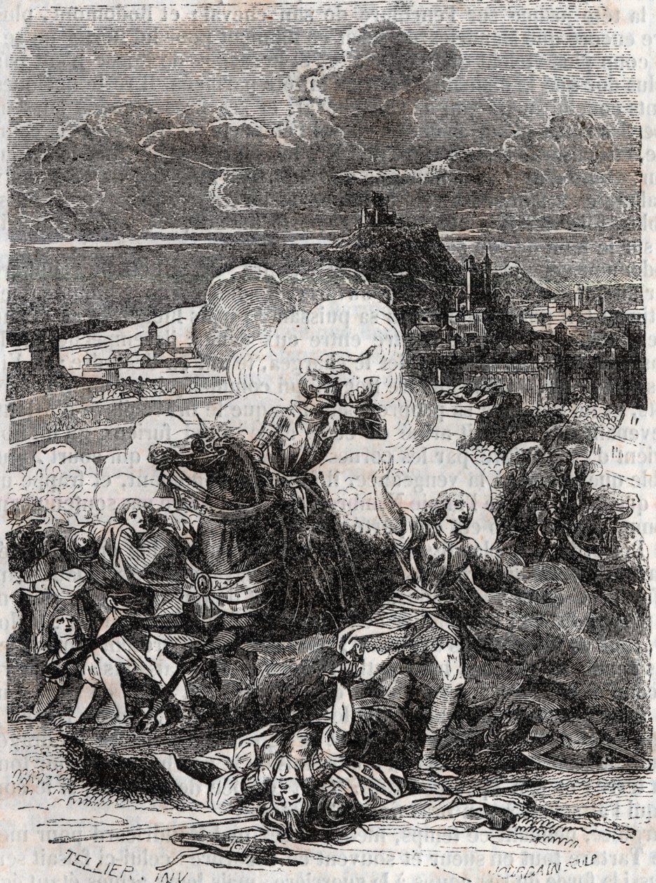 Astolphe sprawia, że kobiety z zabójstw uciekają - 1851 rycina z „” Wściekły Roland”” (Orlando furioso) (XVI w.) Ludovico Ariosto, znanego jako Ariosta – wydanie przetłumaczone z włoskiego przez hrabiego Tressan i opublikowane przez Gustave