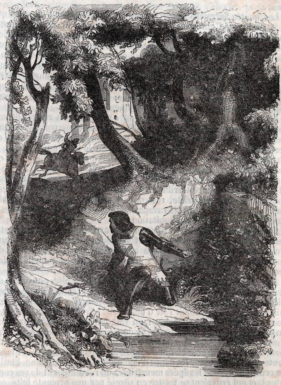 Astolphe na skraju fontanny - rycina z 1851 r. z „”Wściekły Roland”” (Orlando furioso) (XVI w.) Ludovico Ariosto, zwanego Ariosta - Wydanie przetłumaczone z języka włoskiego przez hrabiego Tressan i wydane przez Gustave
