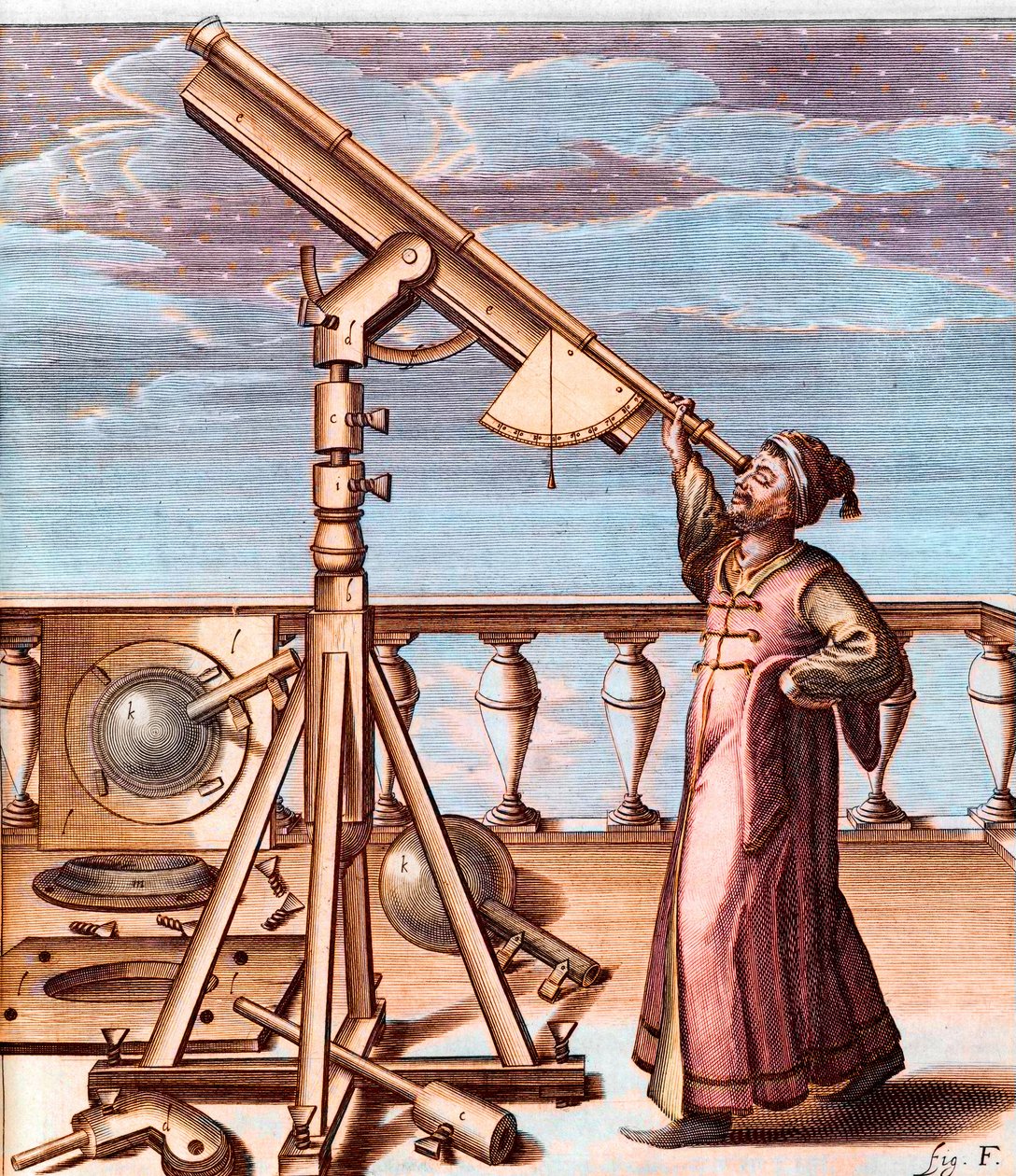 Astronom obserwujący niebo przez teleskop - z: Jan Heweliusz (1611-1687), Selenographia, sive Lunae descriptio (Selenografia, czyli Opis Księżyca) autorstwa Unknown artist