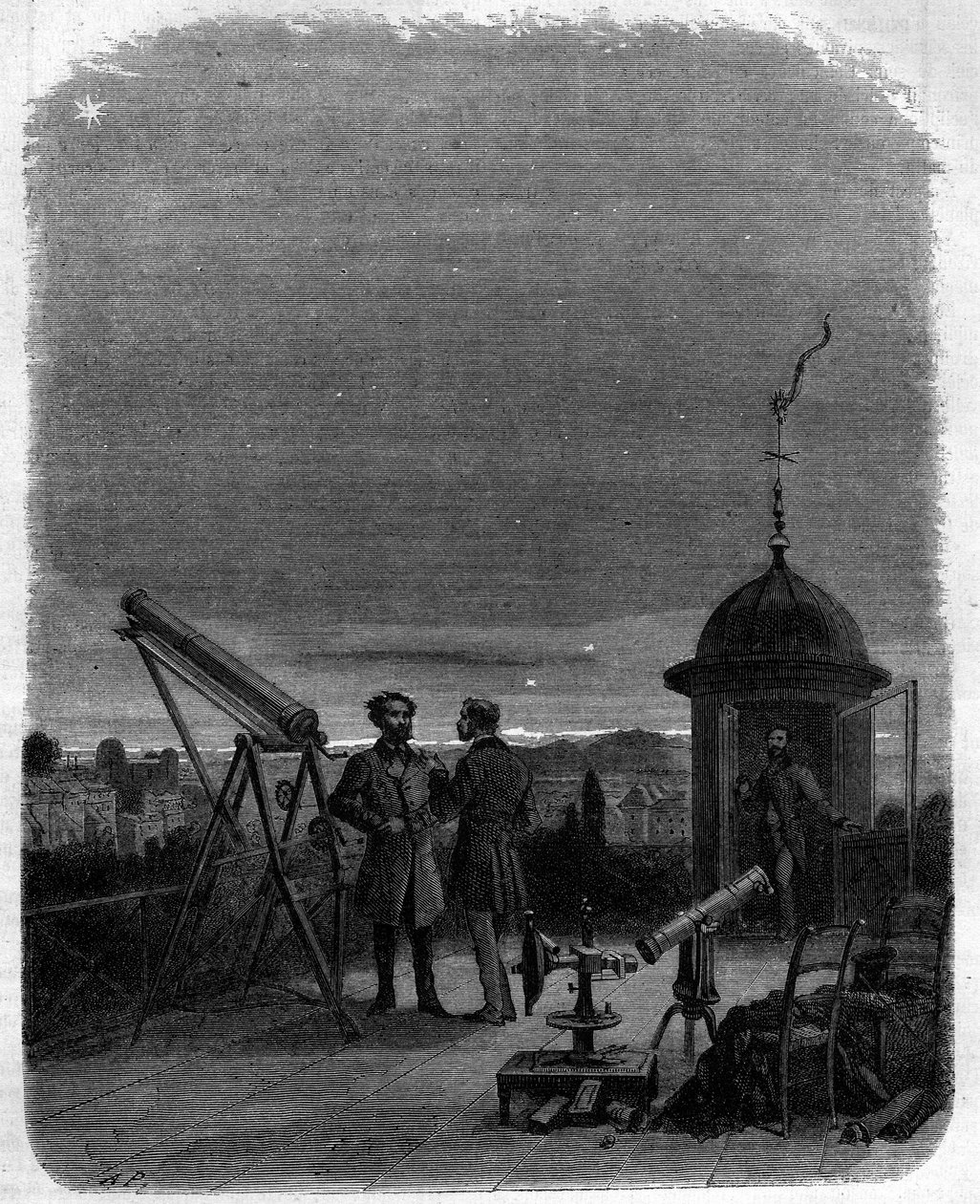 Astronomowie obserwujący w swoich okularach astronomicznych planetę Merkury na niebie Paryża, 17 lutego autorstwa Unknown artist