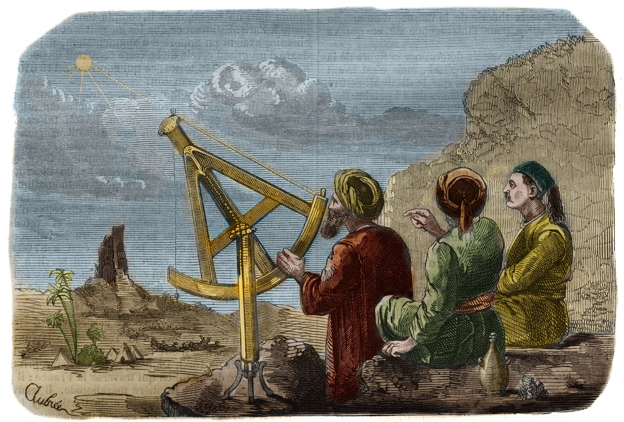 Astronomia: Arabscy naukowcy podnieśli wysokość Słońca na Równinie Babilońskiej około 825. Używają ćwiartki koła z pinnusami. Grawer z 1857 roku w „Le Musee Des Sciences”” autorstwa Unknown artist