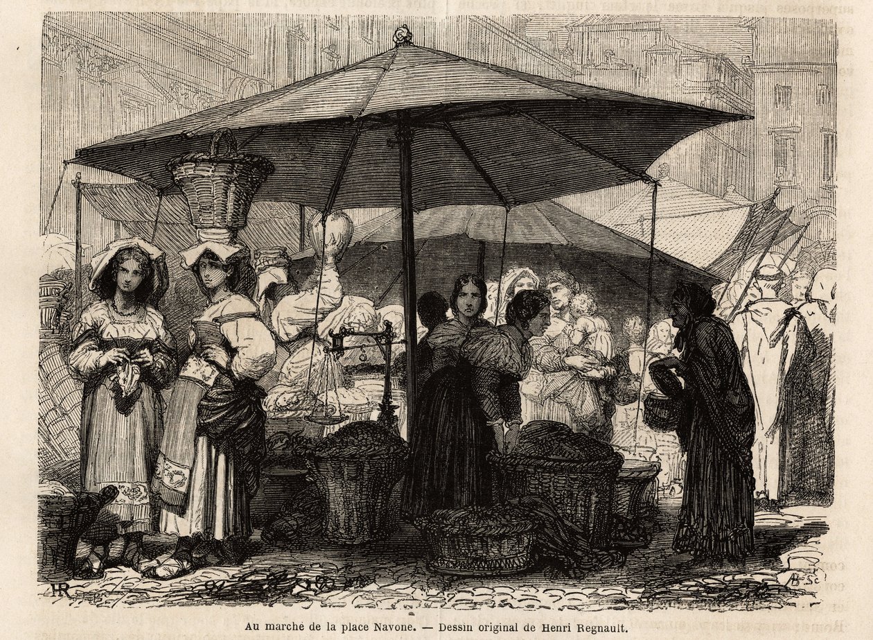 U stóp Piazza Navona w Rzymie (Włochy). Rycina ilustrująca podróż do Rzymu, autorstwa Francisa Weya, w latach 1864-1868, opublikowana w „Le tour du monde, nouveau journal des voyages”, pod kierunkiem Edouarda Chartona autorstwa Unknown artist