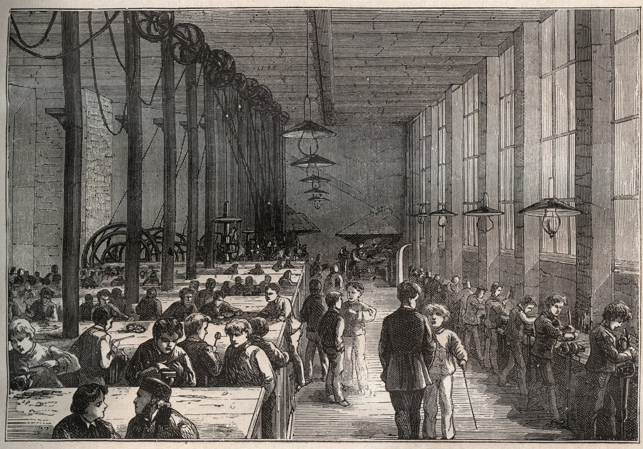 Warsztat żelazny - miejska szkoła praktyk zawodowych na bulwarze de la Villette w Paryżu w 1875 r. - grawerowanie autorstwa Unknown artist