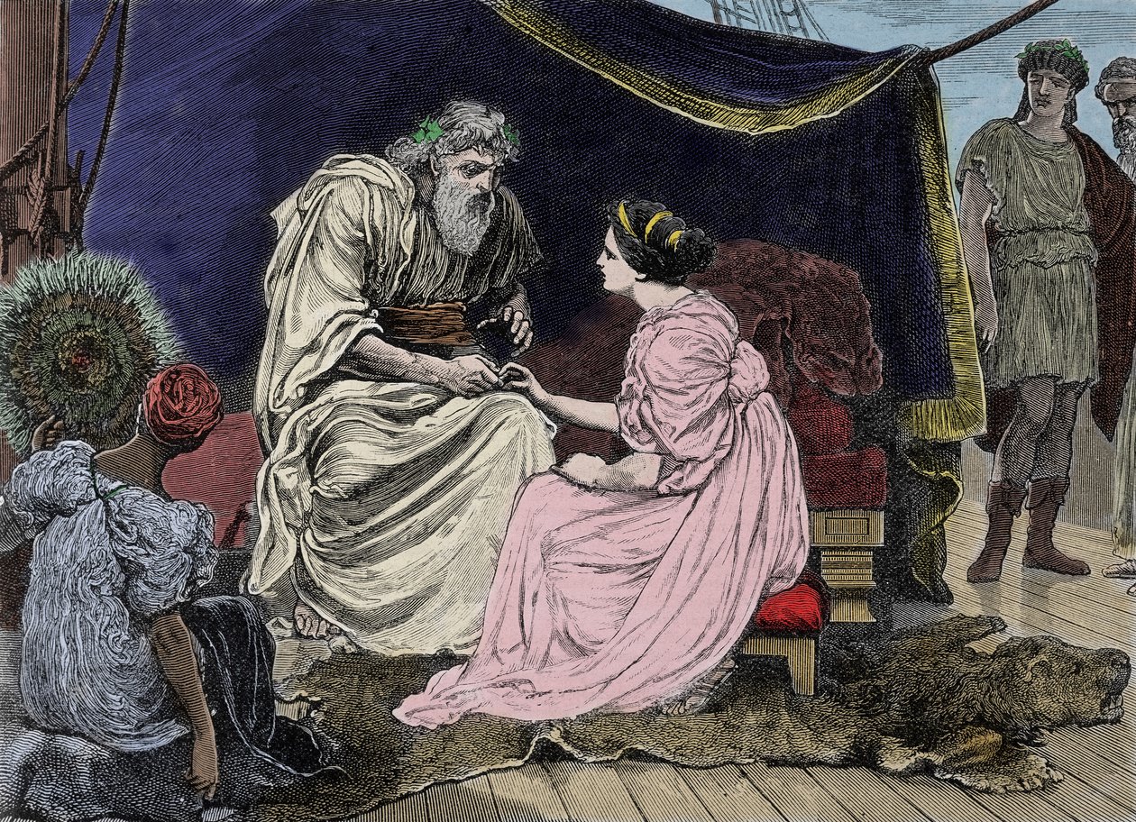 Ateński mąż stanu Perykles (495 pne-429 pne), zwolennik demokracji, z córką Marine. Rycina XIX wieku (19-1233) autorstwa Unknown artist
