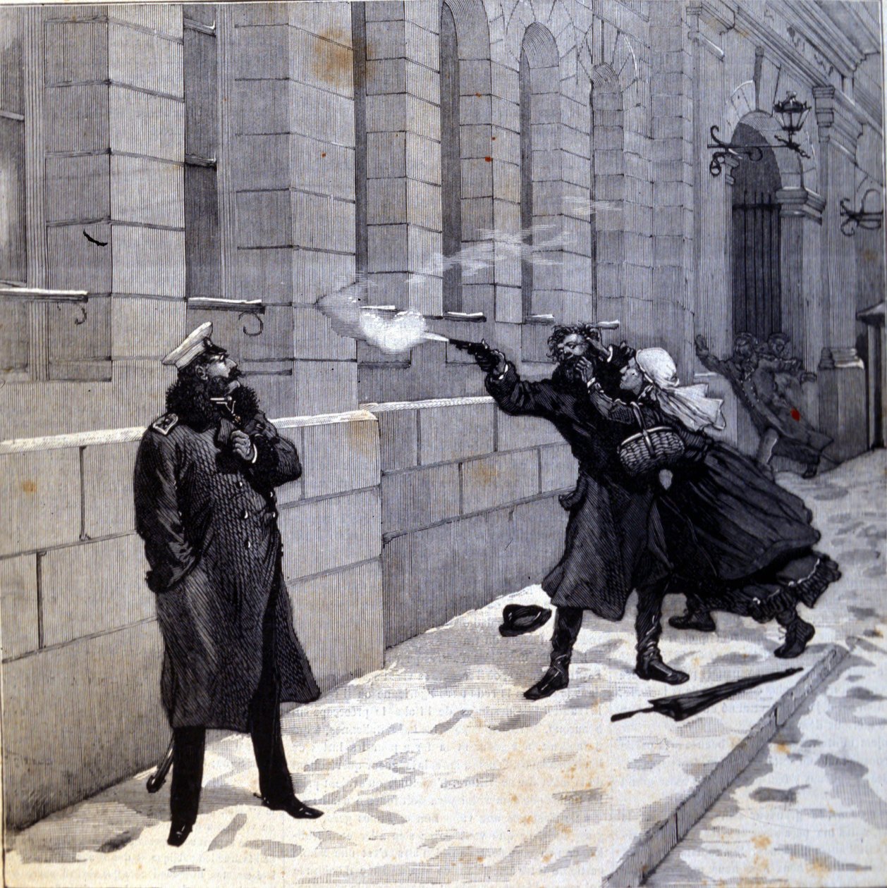 Atak na cara Aleksandra II (1818 - 1881) w Petersburgu w 1879 r. Rycina XIX w. autorstwa Unknown artist