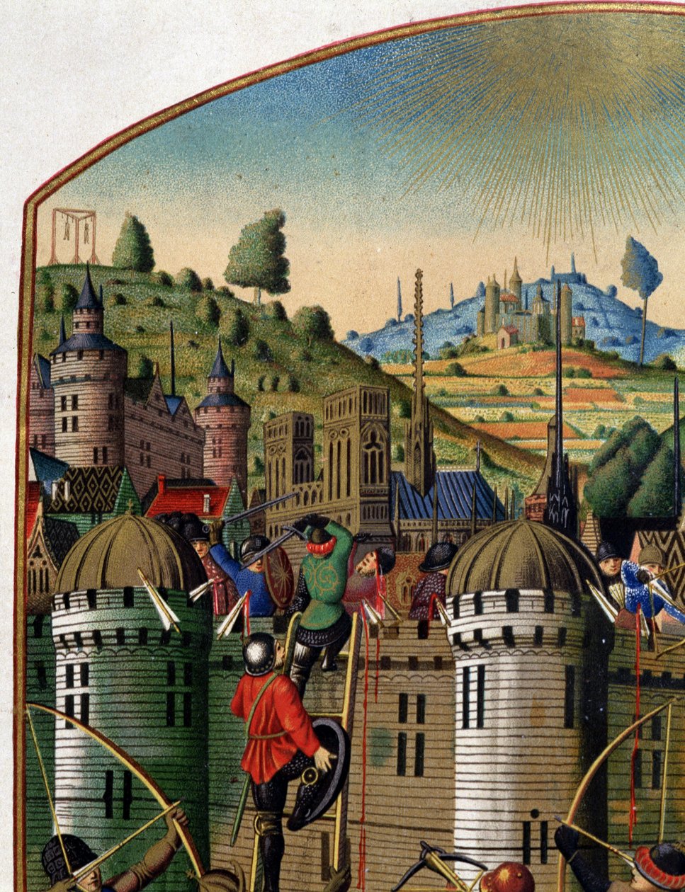Atak na zamek Filipa Augusta z widokiem na Paryż i szubienicę Montfaucon podczas wojny stuletniej, połowa XV wieku. (szczegóły 14103). autorstwa Unknown artist