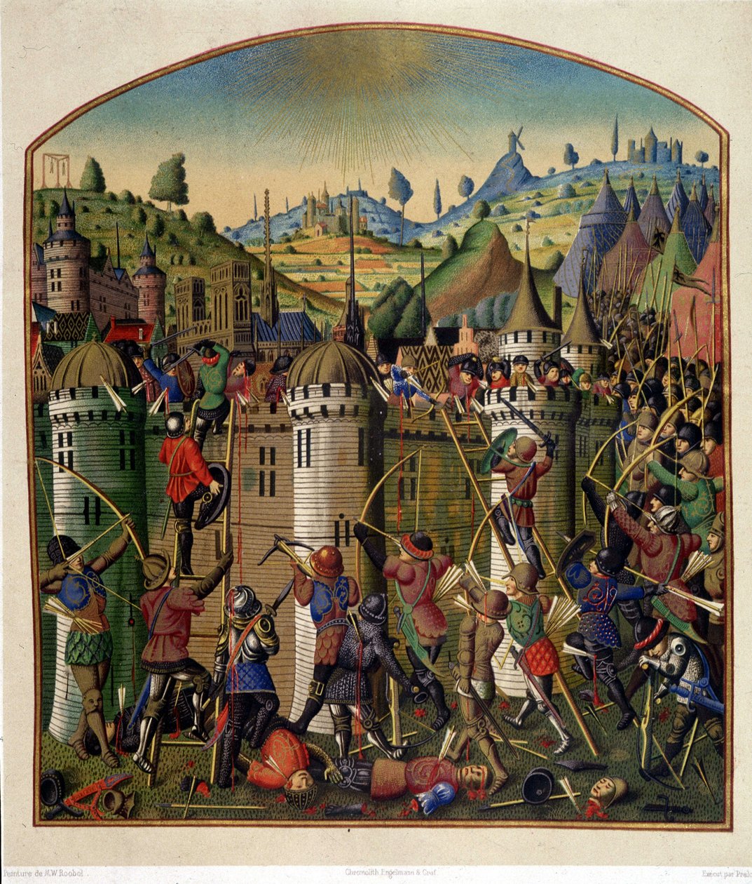 Atak na zamek Filipa Augusta z widokiem na Paryż i szubienicę Montfaucon podczas wojny stuletniej, połowa XV wieku. autorstwa Unknown artist