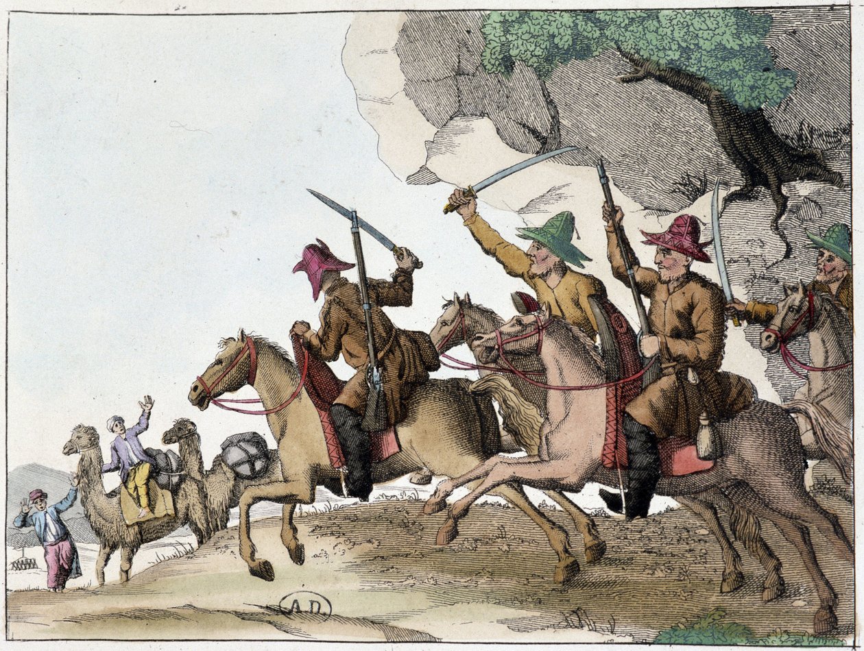 Atak na karawanę wielbłądów przez grupę Kirgizów (turecki lud pochodzenia środkowoazjatyckiego pochodzenia mongolskiego) na koniu, Deb. 19 wiek autorstwa Unknown artist