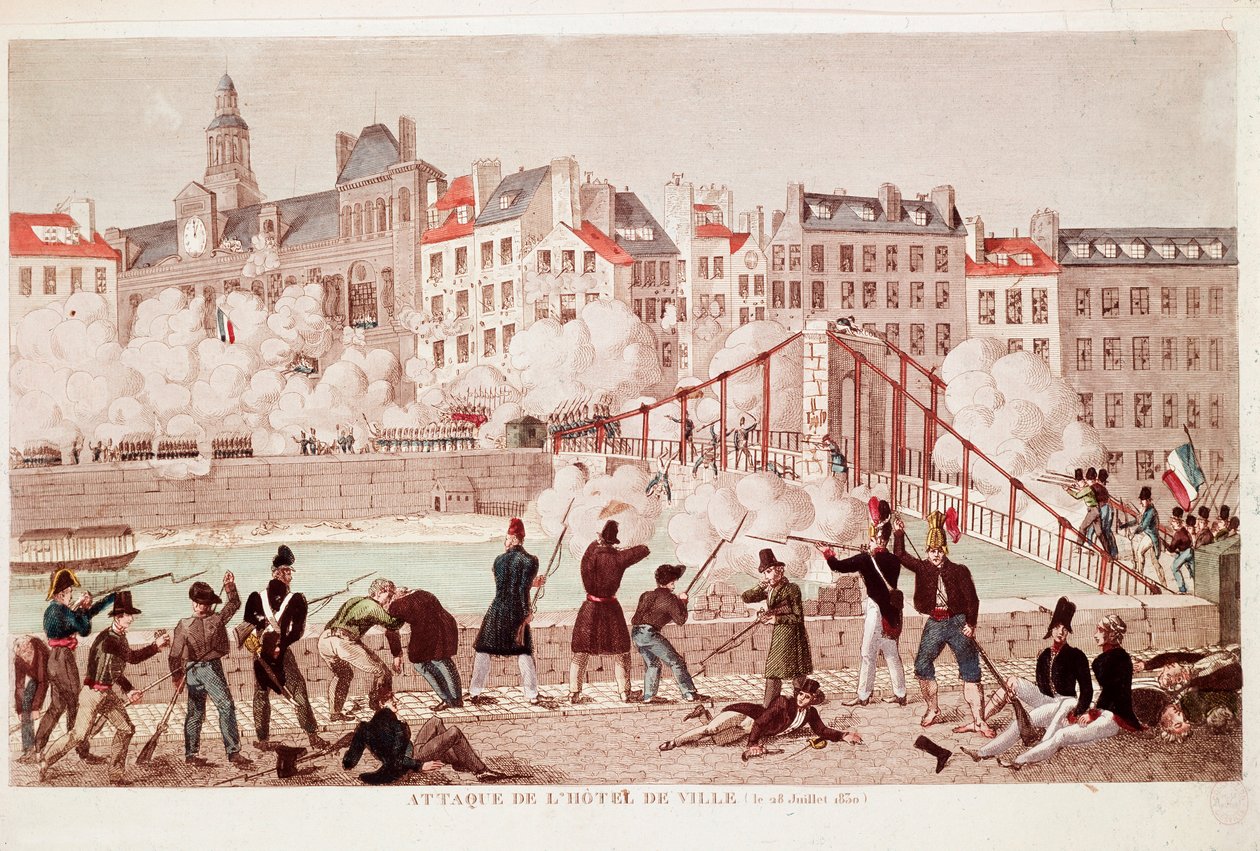 Atak na ratusz Paryża i bitwa pod mostem Arcola, 28 lipca 1830 (rycina) autorstwa Unknown artist