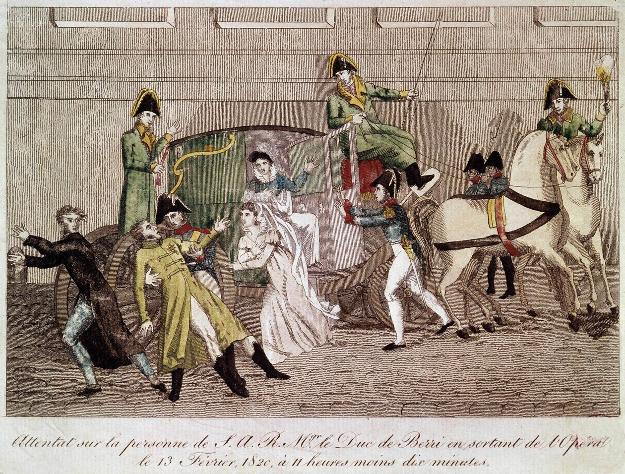 Atak na księcia Berry – Louis Pierre Louvel podczas opuszczania Opery 13 lutego 1820 r. Grawerowanie XIX wieku. autorstwa Unknown artist