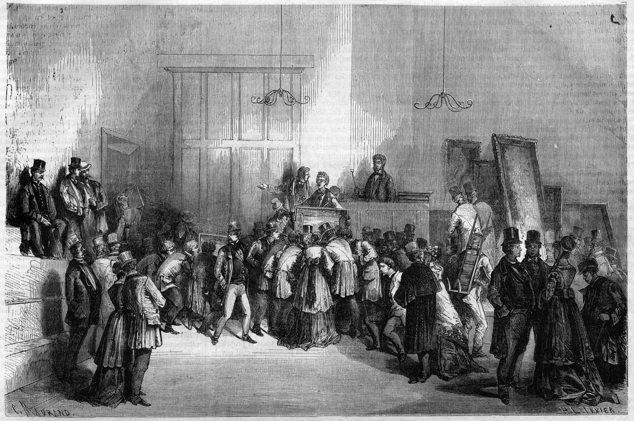 Sala aukcyjna w Paryżu: Sprzedaż obrazów w hotelu licytatorów (aukcjonerów lub licytatorów). Grawerowanie w „”Wspaniałym wszechświecie”” autorstwa Unknown artist
