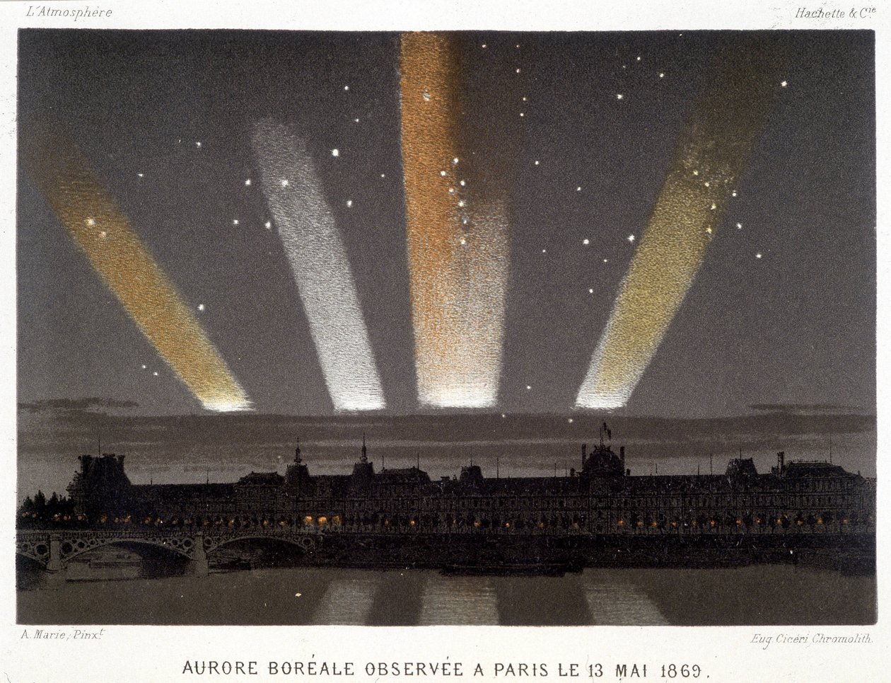 Aurora Borealis obserwowana w Paryżu 13.05.1869 – w „Magnetyzmie i elektryczności” Amédée Guillemin autorstwa Unknown artist