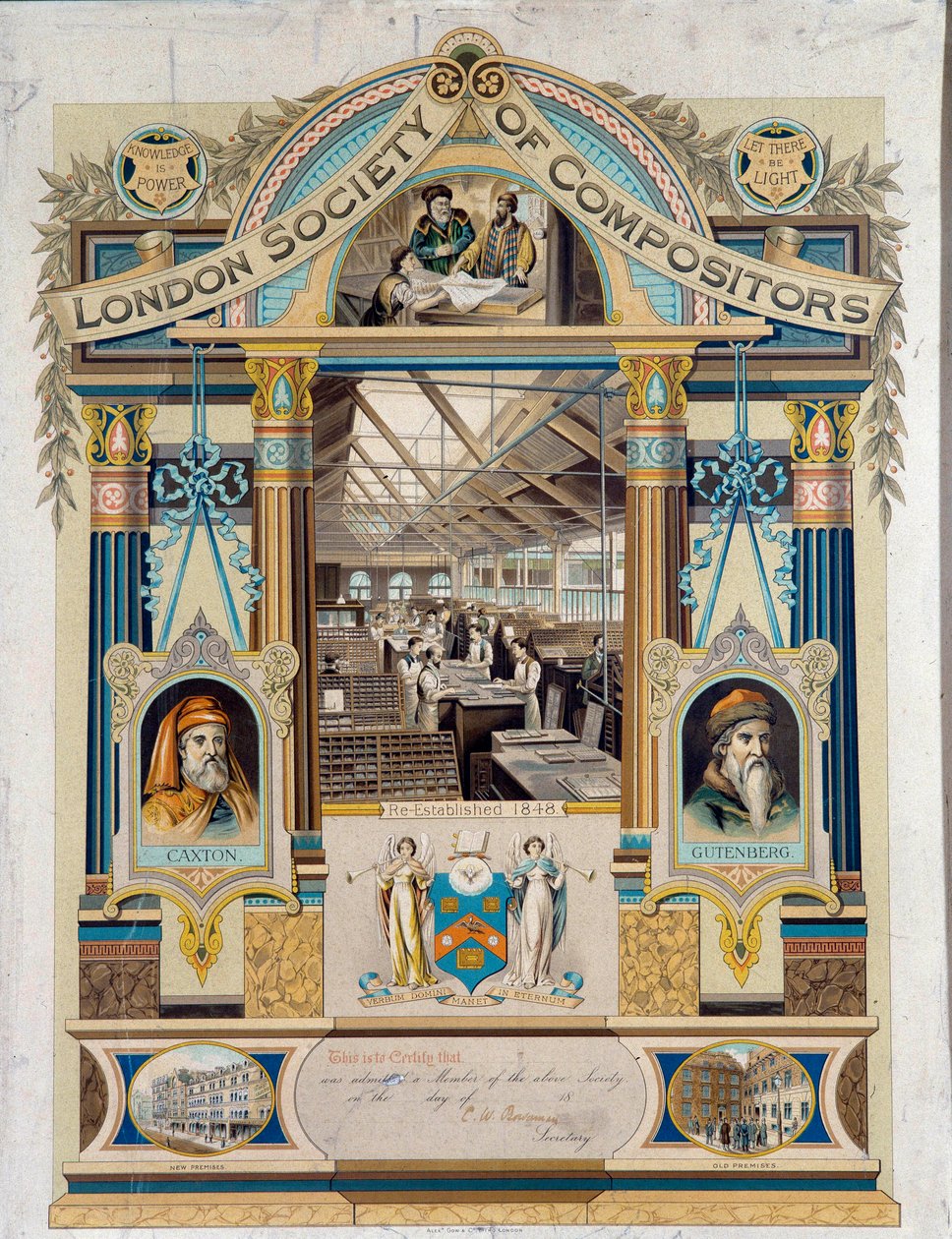 Świadectwo autografu klawisty (operatora druku) wydane przez Society of Claviss of London. Zdobią go portrety Johannesa Gutenberga i Willimy Caxton. Prywatna kolekcja z XIX wieku autorstwa Unknown artist
