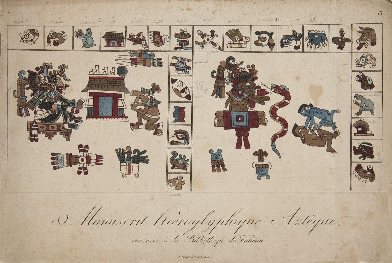 Aztecki rękopis hieroglificzny w Bibliotece Watykańskiej (litografia) autorstwa Unknown artist