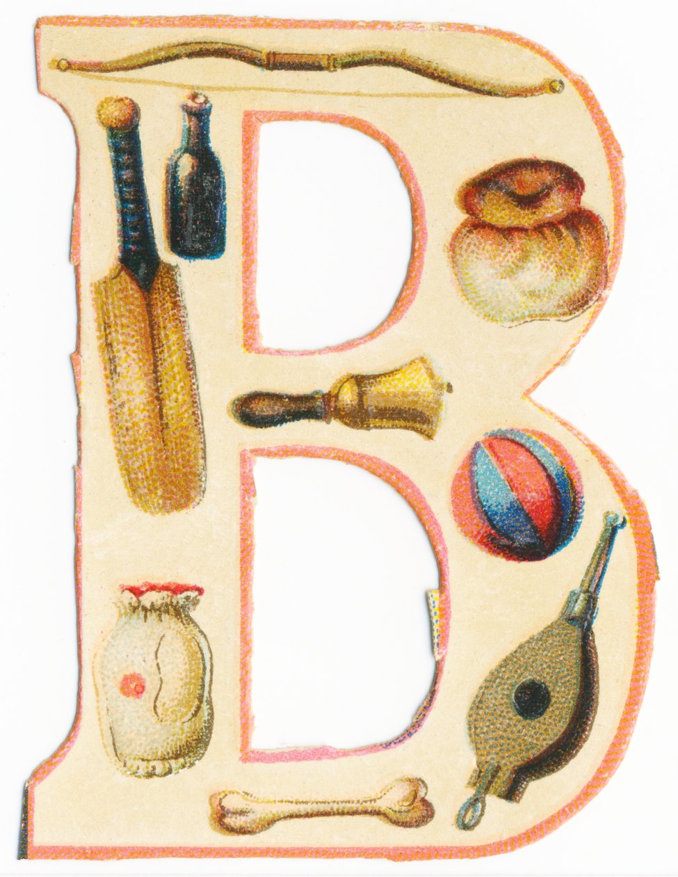 B: łuk, kij baseballowy, butelka, brioche, dzwonek, balon, kość, torba, miech (kolor lito) autorstwa Unknown artist