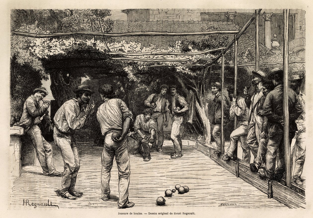 Piłkarze w Rzymie (Włochy). Rycina ilustrująca podróż do Rzymu autorstwa Francisa Weya w latach 1864-1868, opublikowana w „Le tour du monde, nouveau journal des voyages”, pod kierunkiem Edouarda Chartona autorstwa Unknown artist
