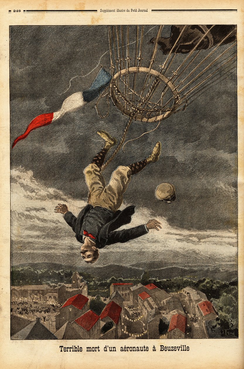 Wypadek balonowy w Beuzeville, po utracie gazu, stracił kontrolę i spadł ze swojego balonu, którym wsiadł bez gondoli. Grawerowanie w „”Le petit journal”” 30.07.1899. Kolekcja Selva. autorstwa Unknown artist