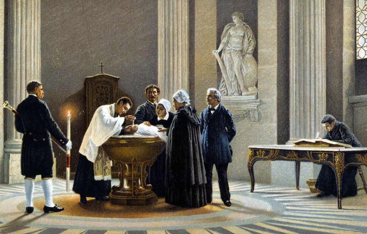 Chrzest dziecka w kościele. XIX-wieczna chromolitografia. autorstwa Unknown artist