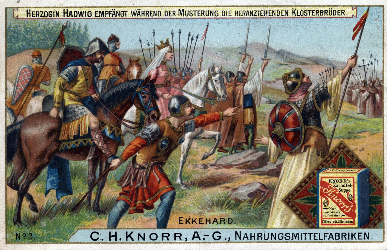 Najazdy barbarzyńców - Podczas przeglądu wojsk księżna Hadwig odbiera w tle zbliżających się mnichów. autorstwa Unknown artist
