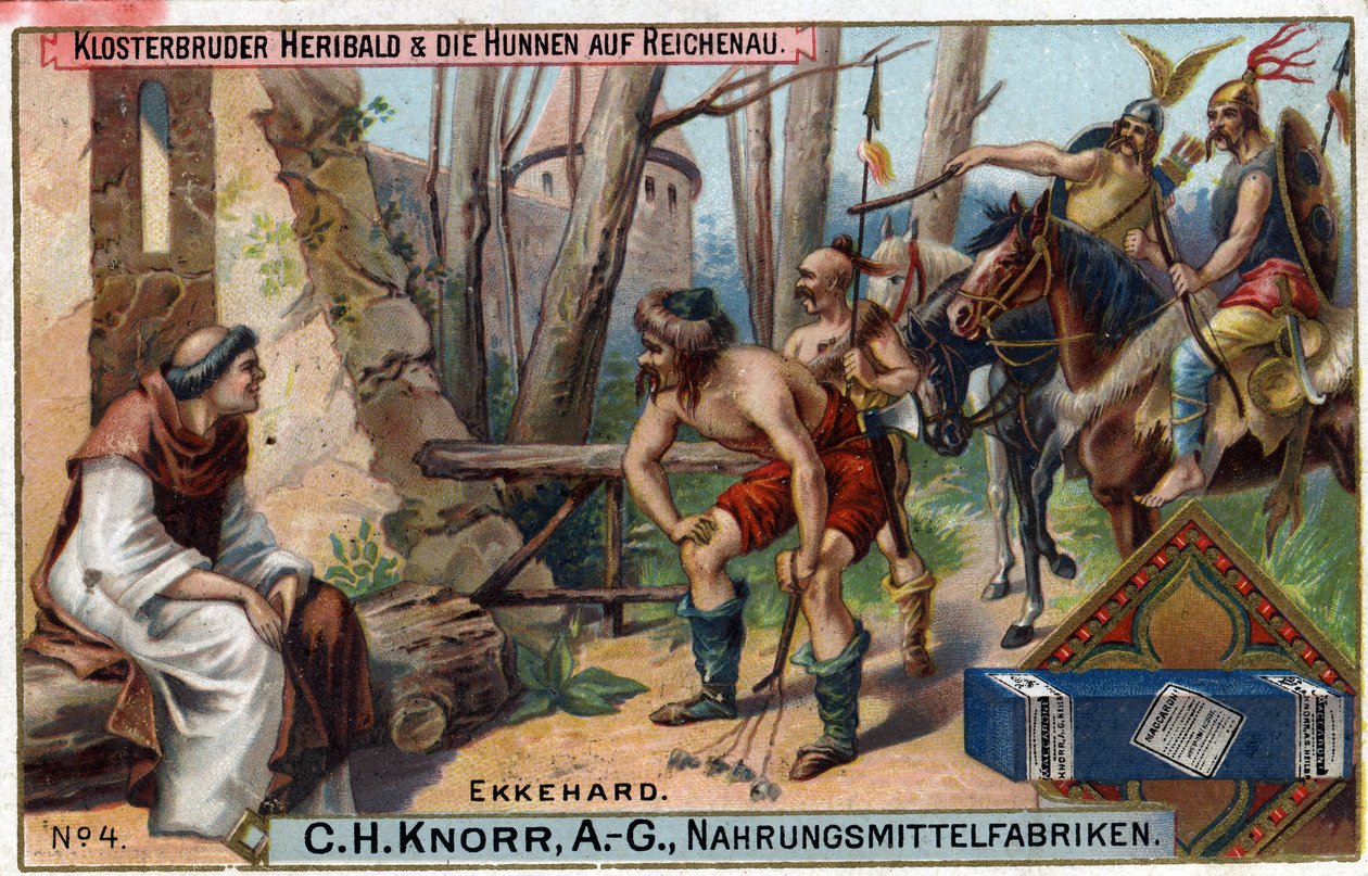 Najazdy barbarzyńców - Ekkehard IV z St. Gallen (St. Gall) lub Eckhard, Eckhart (980-1057) erudyta i łaciński poeta. Brat Heribald i Hunowie mają Reichenau. Na wyspie Reichenau w czasie pobytu pozostał tylko brat Heribald, mały prosty mnich autorstwa Unknown artist
