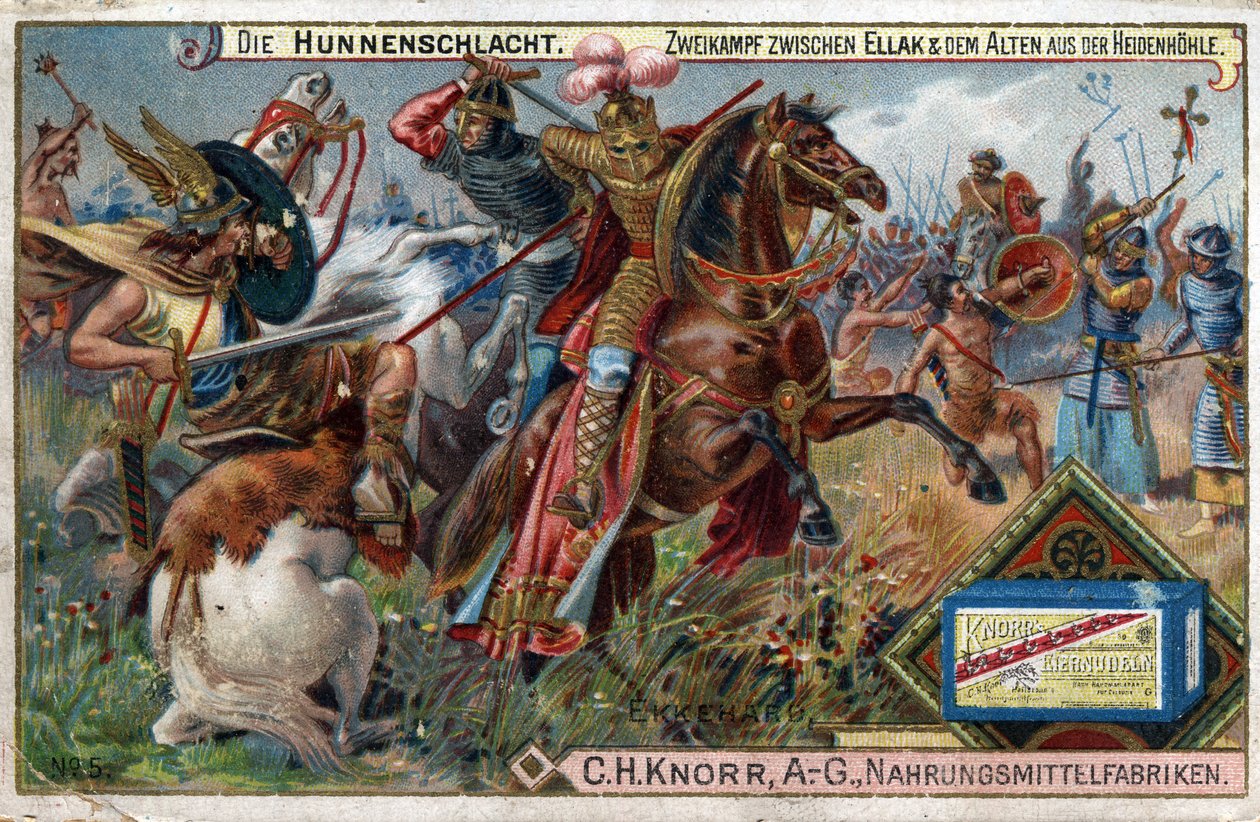Najazdy barbarzyńców - Historia Ekkeharda IV z St. Gallen lub Eckharda, Eckharta (980-1057) erudyta i łacińskiego poety. Bitwa Hunów. Wyjątkowa bitwa między Ellakiem a starszyzną Heidenhohle. autorstwa Unknown artist