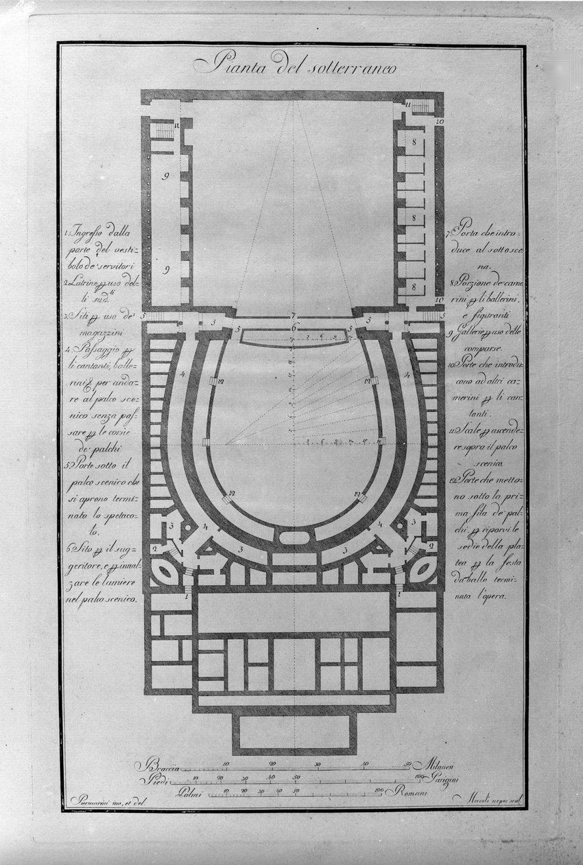 Plan piwnic teatru de la Scala w Mediolanie ca. 1776-1778 Włochy (Teatro alla scala) (Mapa architektoniczna podziemia teatru Scala, Mediolan) Grawerowanie autorstwa Unknown artist