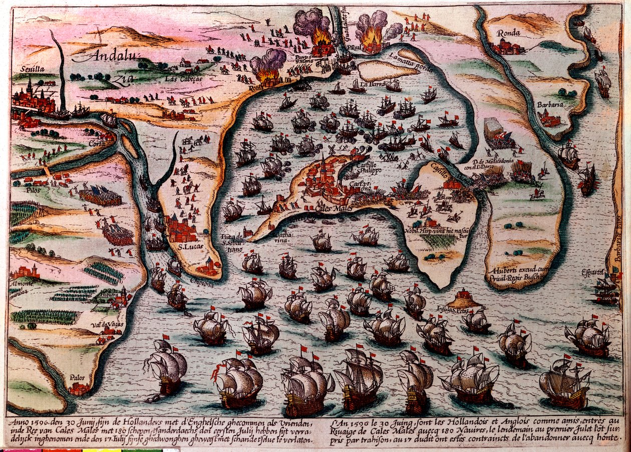 Plan bitwy pod Cales Males (Hiszpania) 30 czerwca 1596. Flota armii holenderskiej i angielskiej wkracza jako przyjaciele do Cales Males ze 180 statkami. Następnego dnia 1 lipca, zaskoczeni zdradą, musieli ze wstydem opuścić miasto. Rytownictwo autorstwa Unknown artist