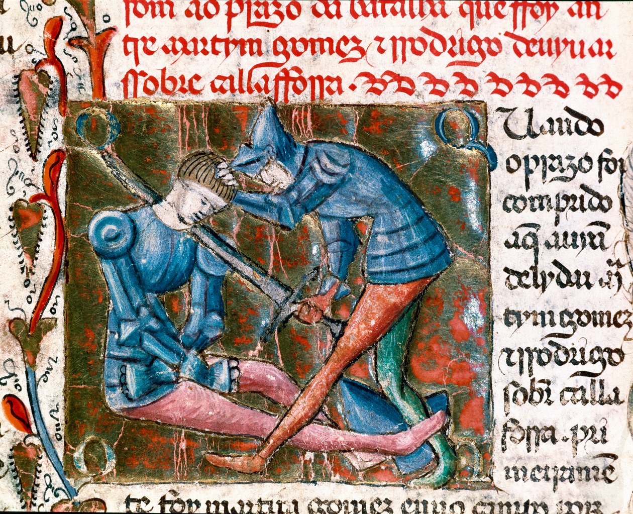 Bitwa pomiędzy Rodrigo Diaz de Vivar dit Le Cid (1043-1099) a Martinem Gomezem. Miniaturowe ujęcie „Kroniki Hiszpanii”” autorstwa Unknown artist