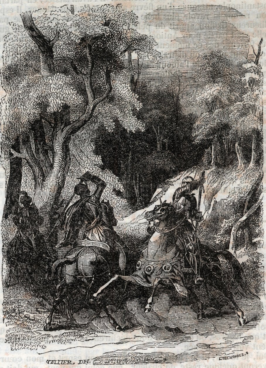 Bitwa między Rolandem a Ferragusem - rycina z 1851 r. z „Wściekły Roland” (Orlando furioso) (XVI w.) Ludovico Ariosto, zwanego Ariosta - Wydanie przetłumaczone z języka włoskiego przez hrabiego Tressan i wydane przez Gustave