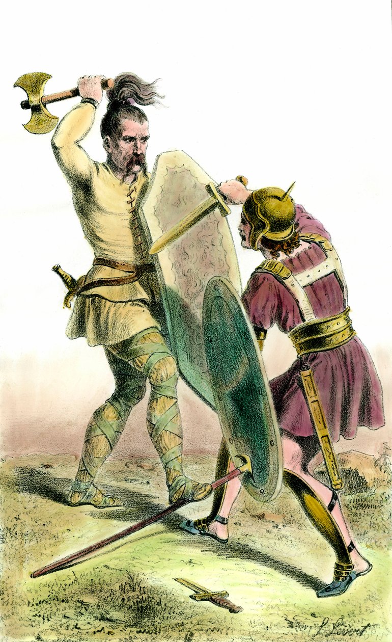 Bitwa między żołnierzem frankowym a żołnierzem rzymskim. XIX-wieczna kolekcja prywatna grawerowania autorstwa Unknown artist