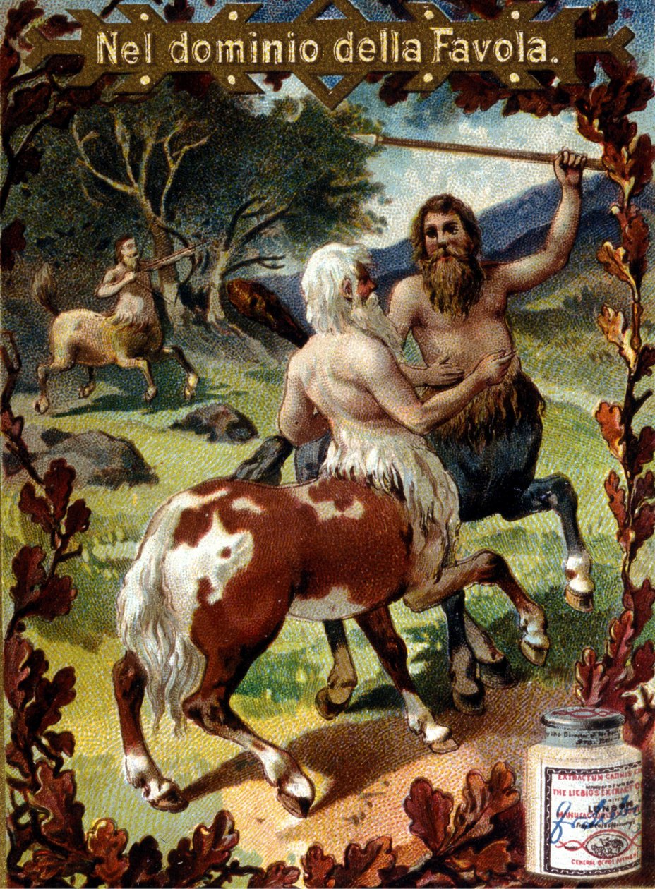 Bitwa między centaurami. Winieta reklamowa. chromolitografia z końca XIX wieku. autorstwa Unknown artist