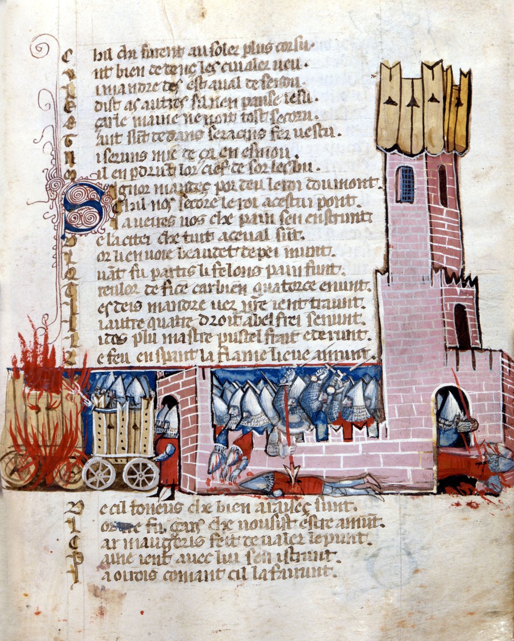 Bitwa w zamku. Czołgi płoną. Rękopis z XIII wieku. Marciana Wenecja. autorstwa Unknown artist