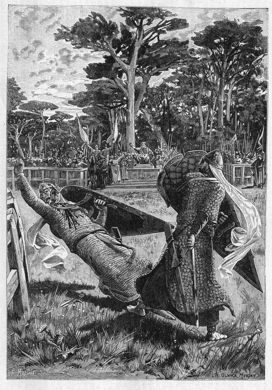 Bitwa Rycerzy Pinabel i Thierry w średniowieczu (średniowiecze) we Francji. Ilustracja do powieści „La chevalerie” Leona Gautiera (1832-1897). Grawerowanie w „”Le Monde Illustré”” autorstwa Unknown artist