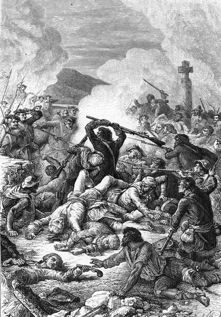 Bitwa pod Ponte Novu na Korsyce pomiędzy armią francuską dowodzoną przez hrabiego de Vaux a wojskami korsykańskimi Pasquale Paoli, 9 maja 1769 r. XIX wiek (rycina) autorstwa Unknown artist