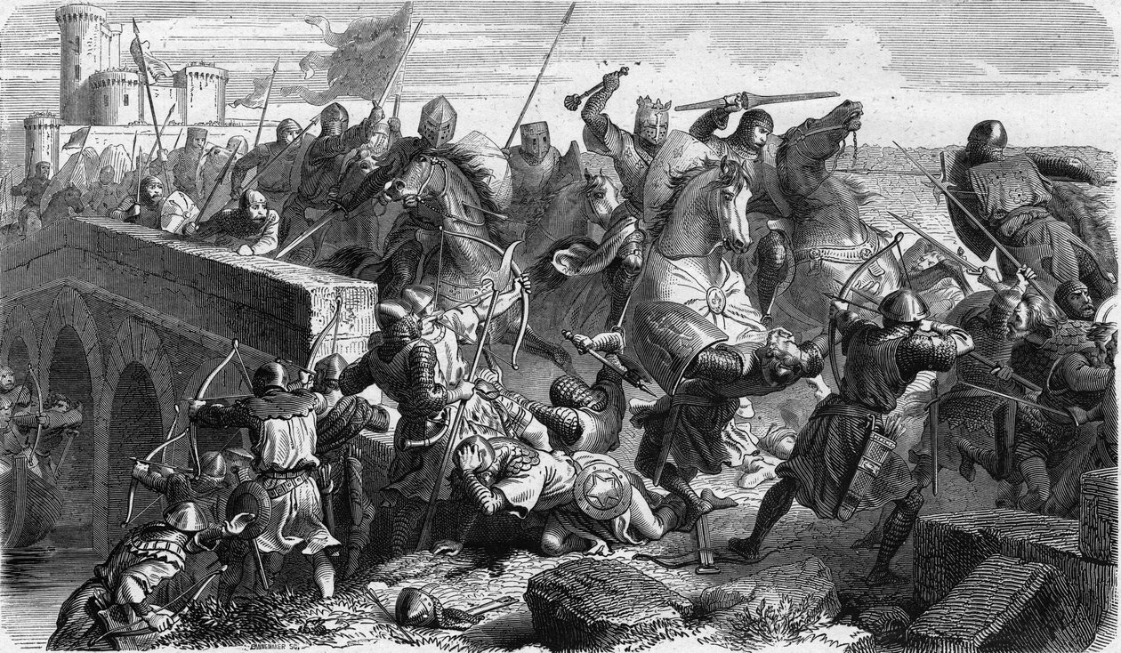 Bitwa pod Taillebourg przeciwstawiająca się w 1242 r. wojskom kapetyńskim króla Francji Ludwika IX (św. Ludwik, św. Ludwik) i jego brata hrabiego Poitiers Alphonse przeciwko buntom wasali, Henrykowi III Anglii i Hugom X z Lusignan autorstwa Unknown artist