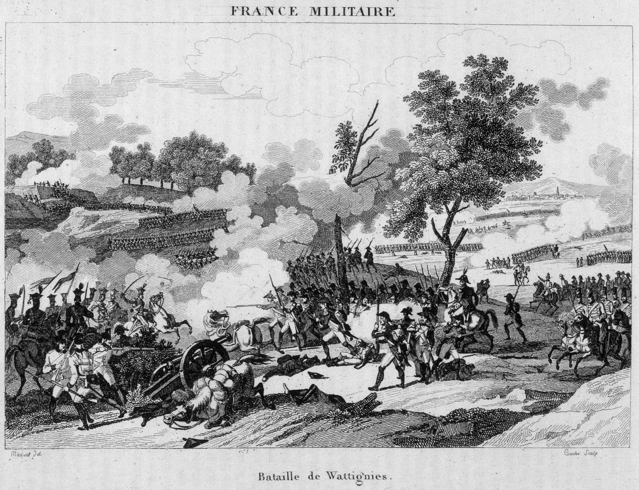 Bitwa pod Wattignies: Jourdan i Carnot odnieśli zwycięstwo, aby odblokować miasto Maubeuge oblężone przez Austriaków, październik 1793. Rycina z XIX wieku. autorstwa Unknown artist