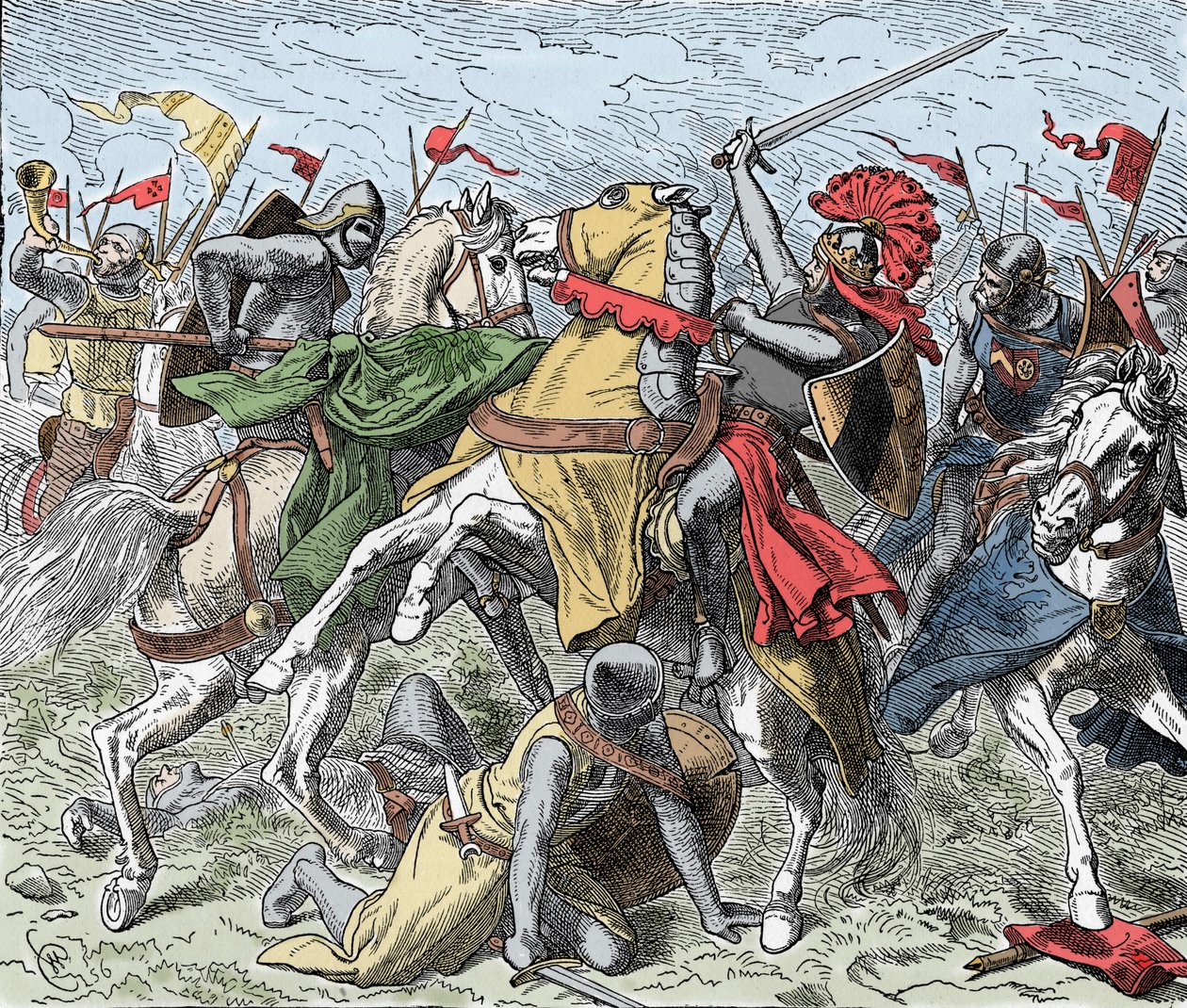 Bitwa nad Elster: Rudolf Szwabski śmiertelnie ranny - Bunt Sasów (1073-1075): Rodolf z Rheinfelden (ok. 1025-1080), książę Szwabii i antyking Rzymian zostaje śmiertelnie ranny w bitwie pod Elster, przeciwko wojskom Henryka IV z autorstwa Unknown artist