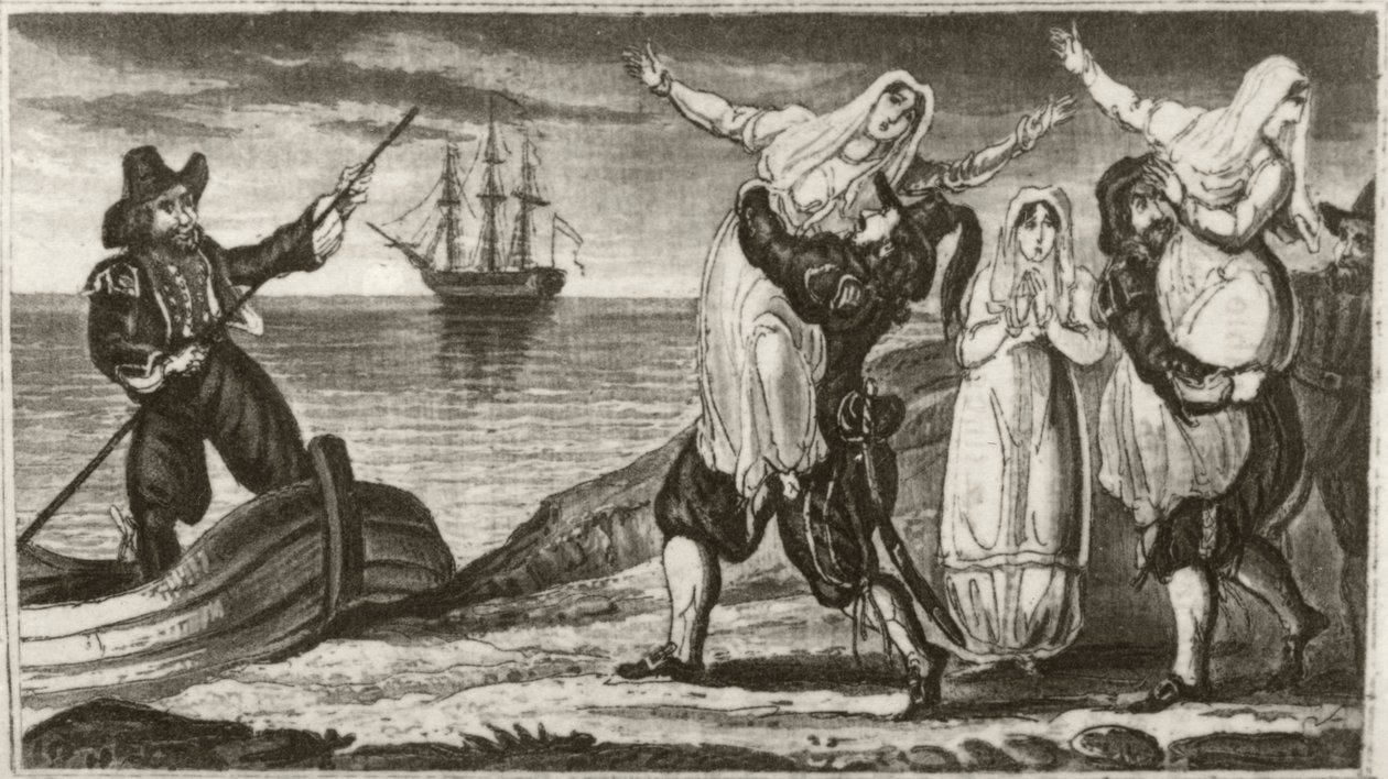 „Dziób holenderskiego pirata i jego załogę przymusowo wyprowadzających zakonnice z hiszpańskiego klasztoru” autorstwa Unknown artist