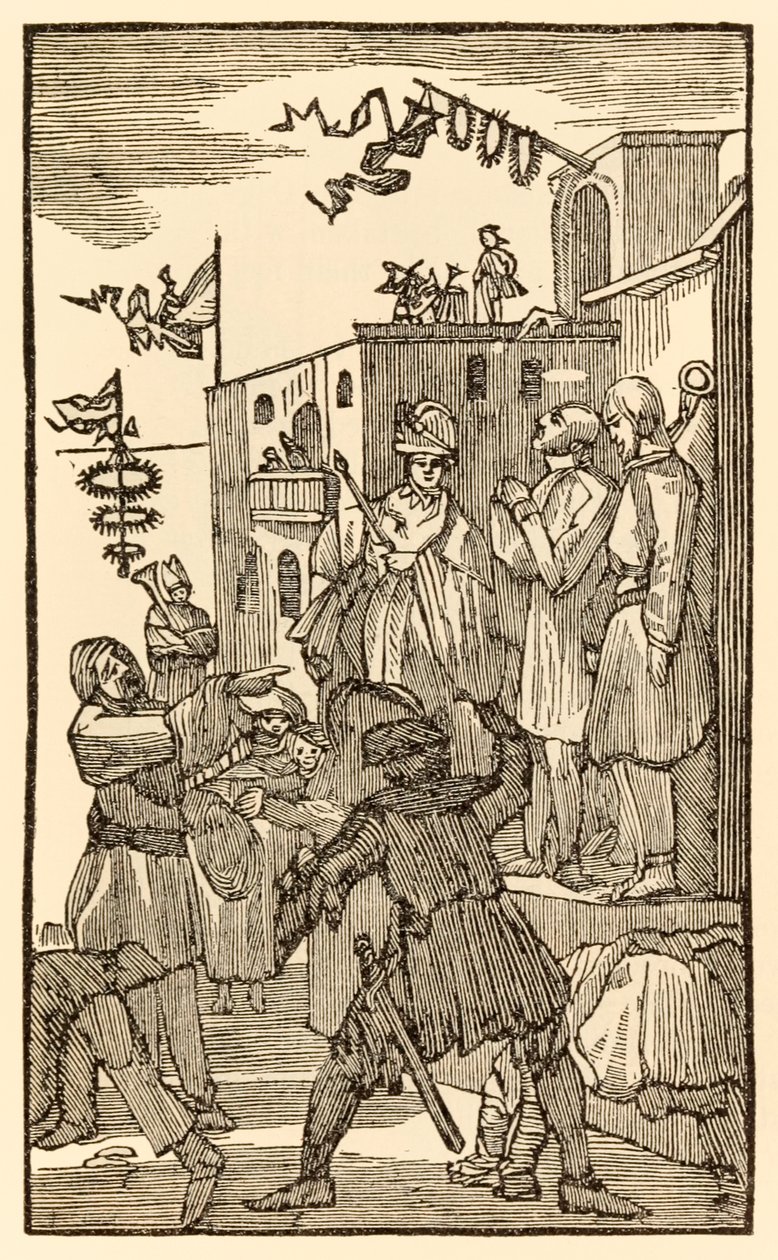 Oto Targi Próżności! z książki Johna Bunyana (1628-1688) The Pilgrims Progress From This World, To That Co Nadchodzi. Christian wjeżdża do miasta Vanity Fair i widzi towarzyszy pielgrzymów w łańcuchach. autorstwa Unknown
