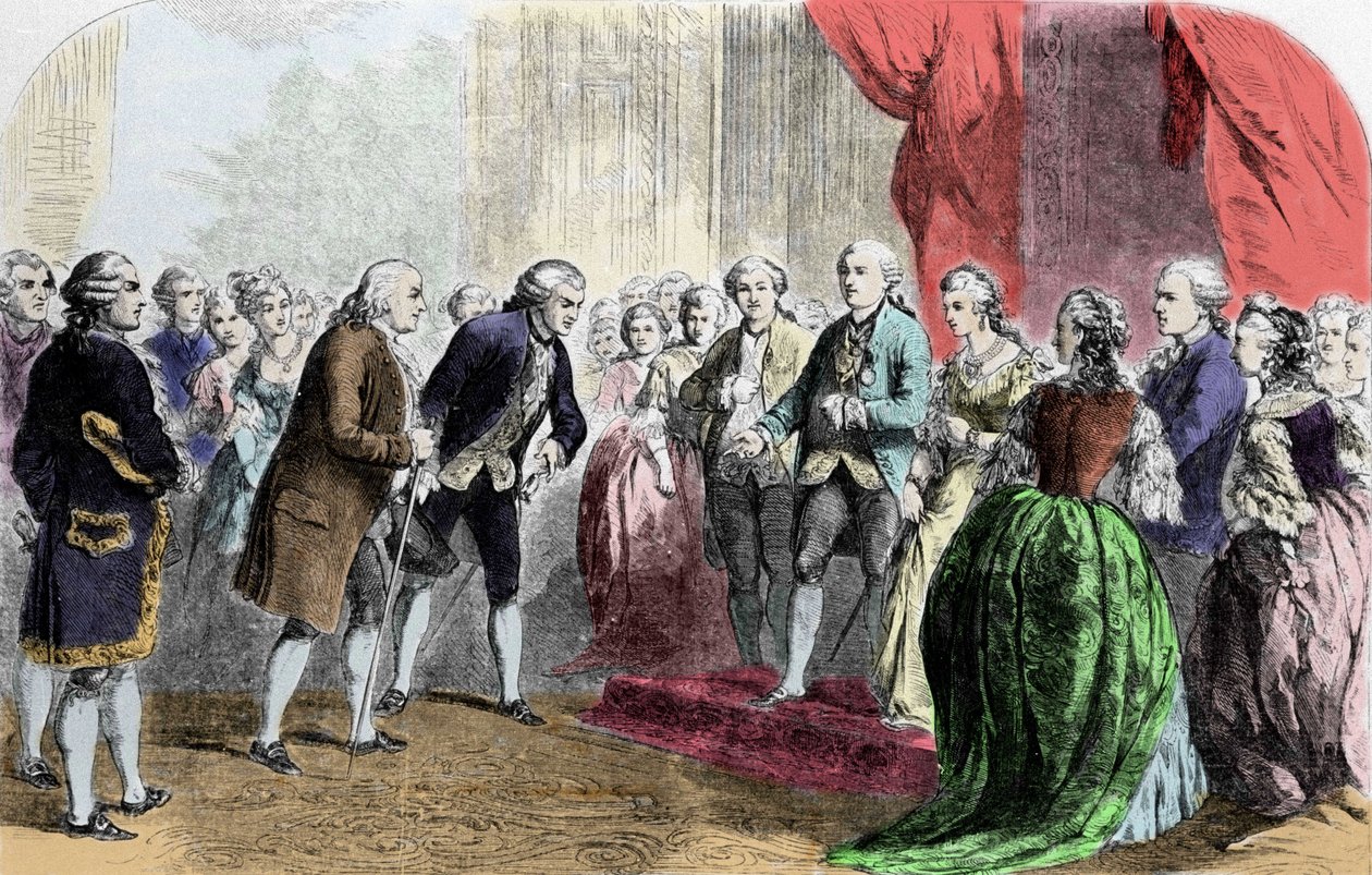 Benjamin Franklin (1706-1790), filozof, fizyk i ambasador amerykański przyjęty przez króla Francji Ludwika XVI, 6 lutego autorstwa Unknown artist