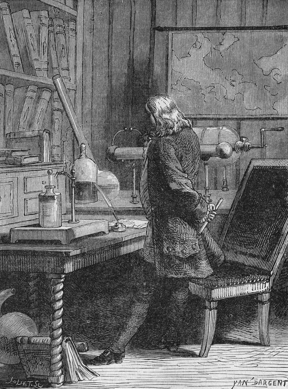 Benjamin Franklin w swoim laboratorium fizycznym w Filadelfii. W „Albumie nauki””, Editions Jouvet autorstwa Unknown artist
