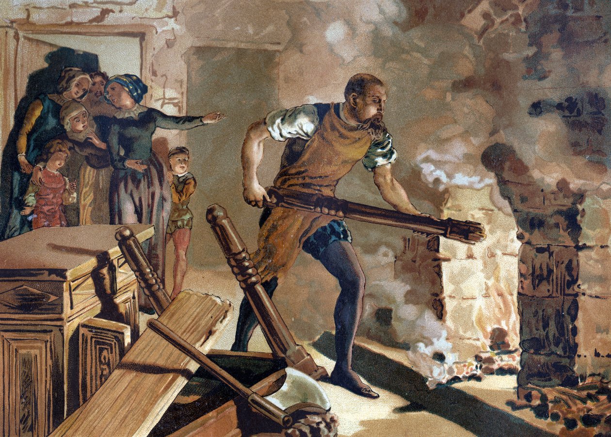 Bernard Palissy (1510-1589), ceramik, Francuz pracujący nad stapianiem swoich emalii. autorstwa Unknown artist