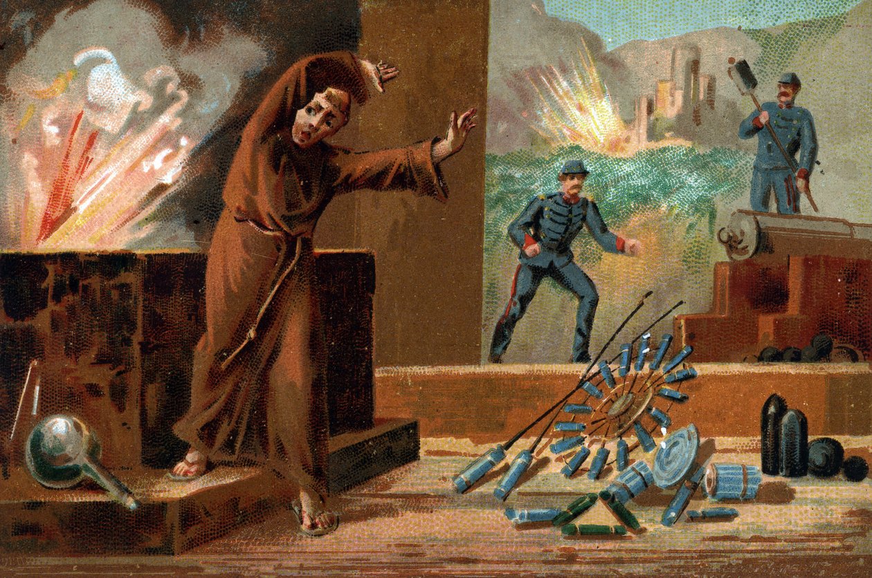 Berthold Schwartz (około 1318-około 1384), niemiecki chemik, wynalazca prochu i mnich franciszkański. Chromolitografia XIX wieku autorstwa Unknown artist