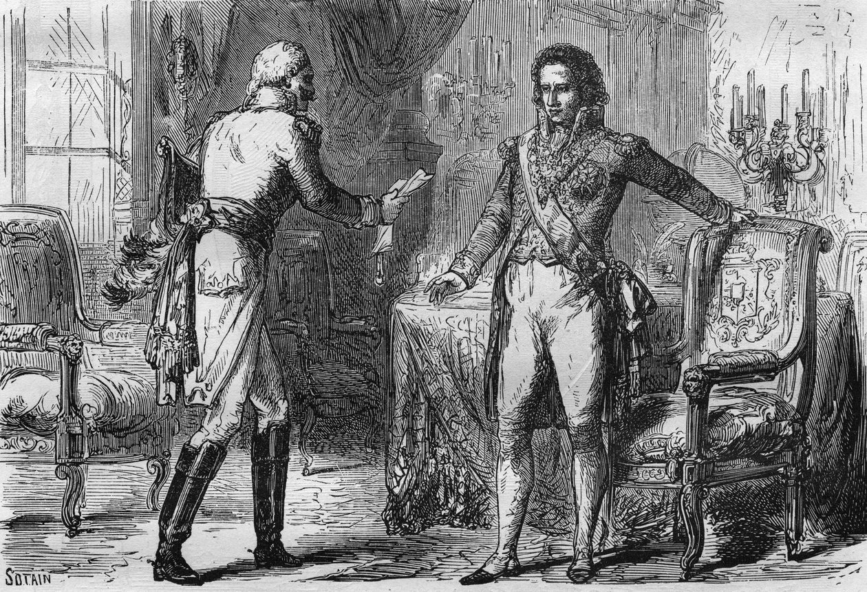 Zdrada Bernadotte - Jean Baptiste Jules Bernadotte (1763-1844) przyjął posła (tajnego agenta) z Prus do Sztokholmu w Szwecji 18 grudnia autorstwa Unknown artist