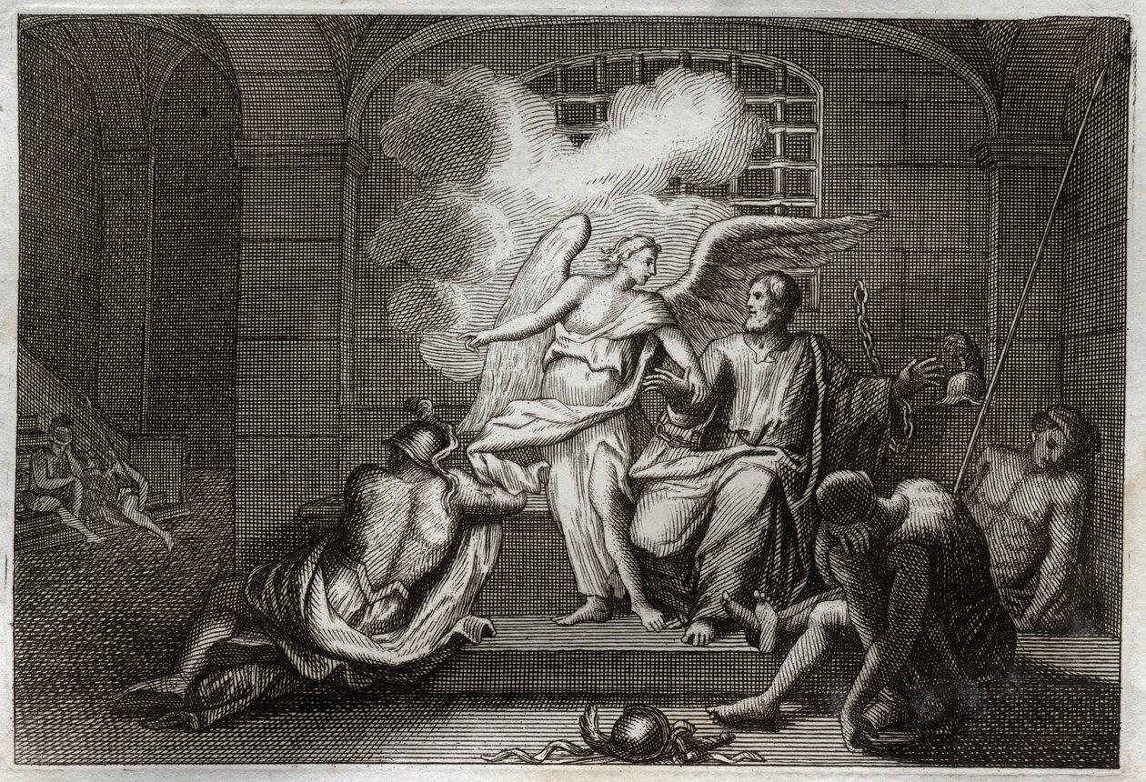 Biblia Royaumont, Nowy Testament: Św. Piotr Delivre z więzienia. Święty Piotr zostaje zwolniony z więzienia nocą przez Anioła. Ilustracja z 1811 roku. autorstwa Unknown artist