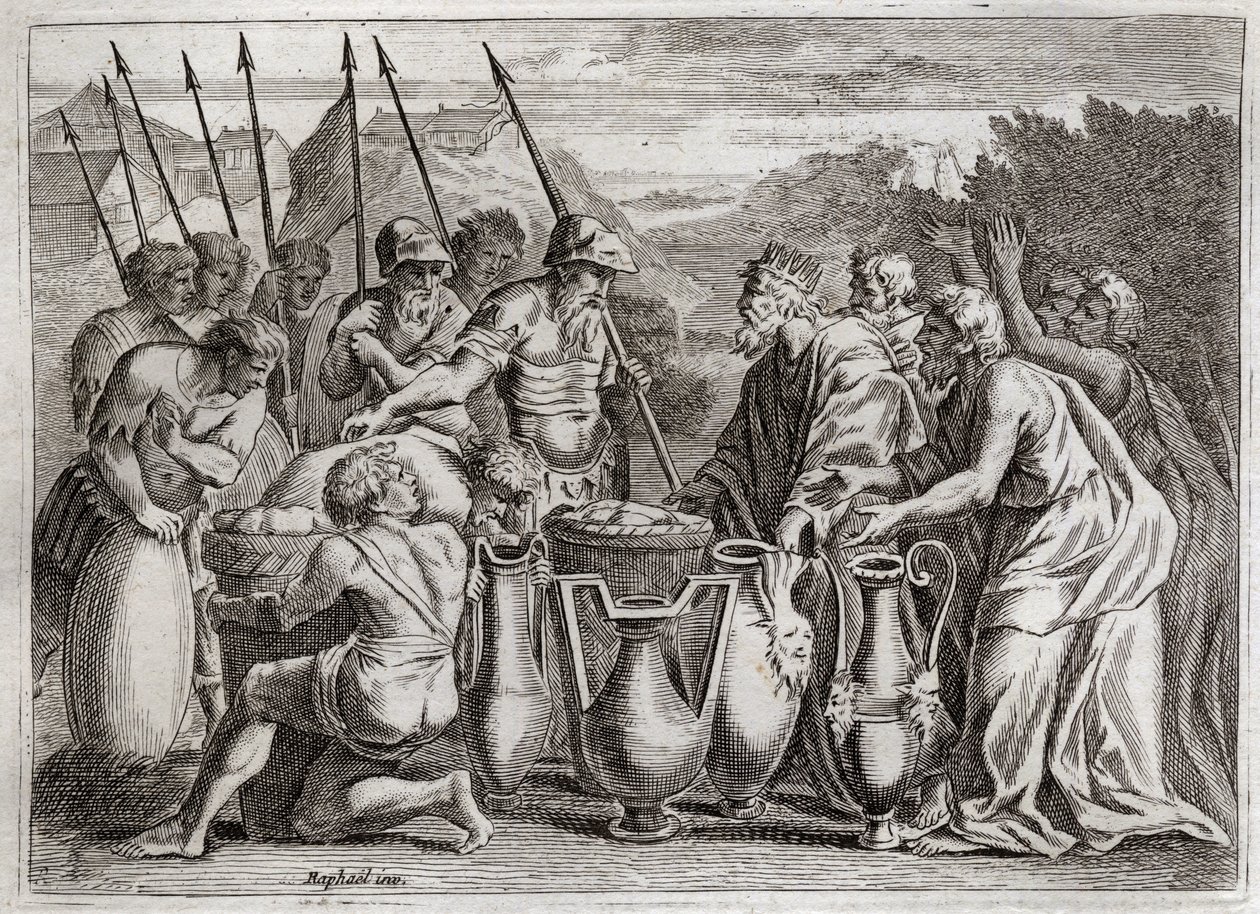 Biblia Royaumont, Stary Testament: Abraham uwalnia Lotha. Abraham ratuje swojego siostrzeńca Lotha z rąk wrogów. Arcykapłan Melchizedek (Melchizedek lub Melchizedek lub Melchizedek lub Melchizedek lub Melchizedek) benit. Król Sodomy zaproponował mu autorstwa Unknown artist