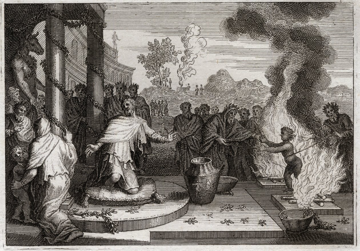 Biblia Royaumont, Stary Testament: Achaz Unholy King. Niegodziwy Achaz, król Judy, irytuje Boga i zostaje wydany wrogom. Ilustracja z 1811 roku. autorstwa Unknown artist
